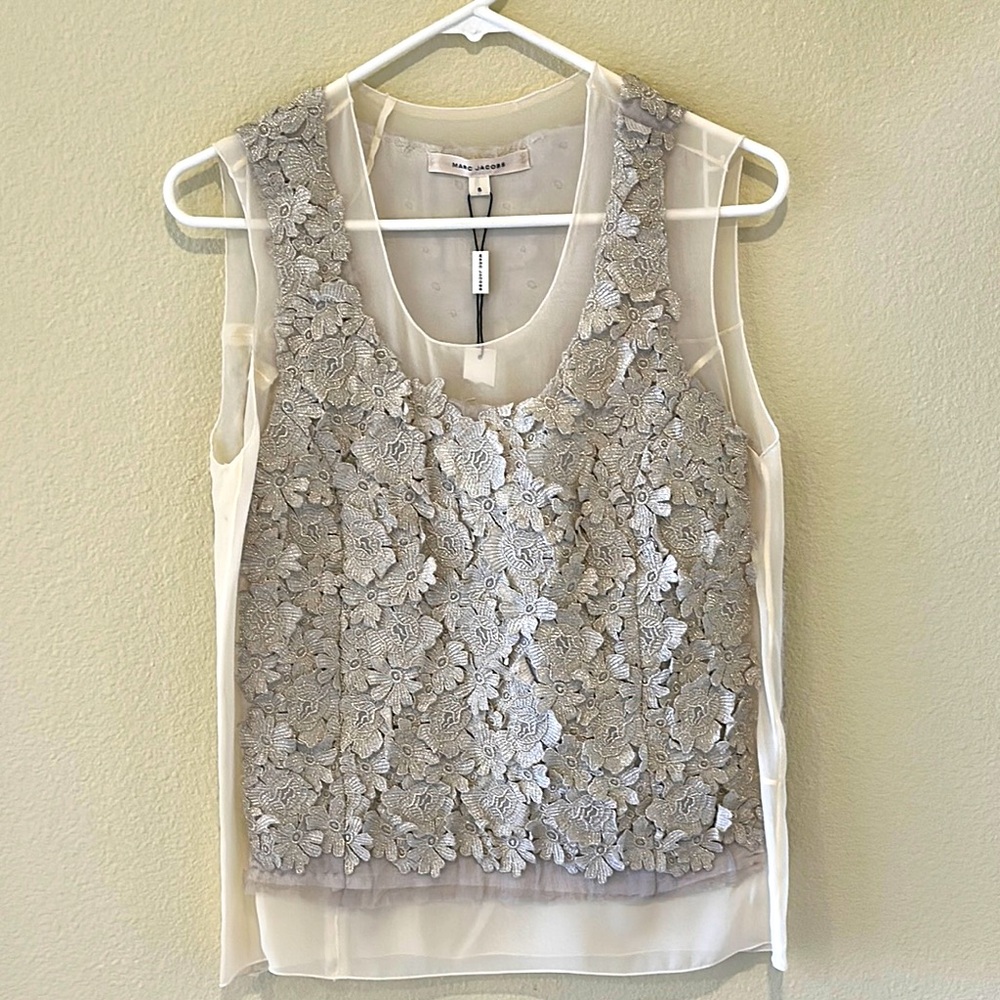 New Marc Jacobs Silver Hand Made Embellished Evening Top. Size 6.
